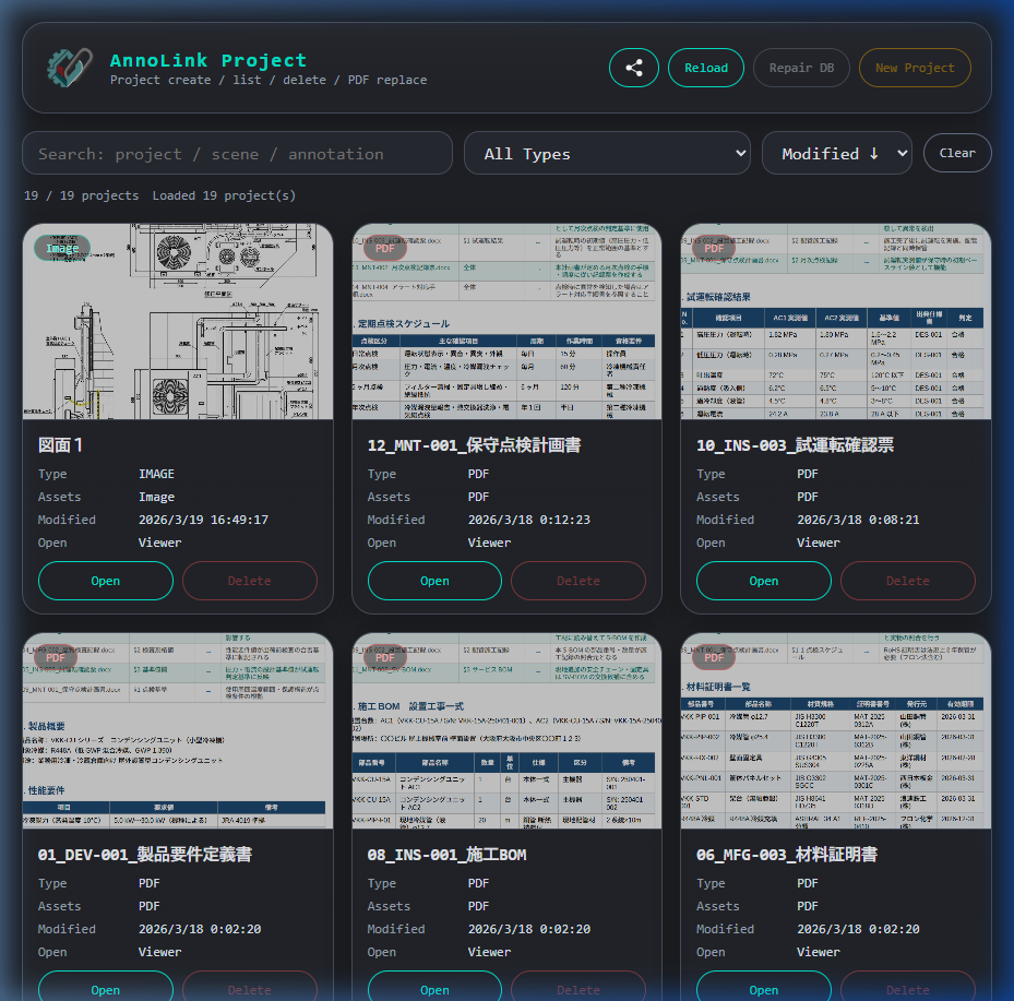 AnnoLink Project 一覧画面。画像・PDFのプロジェクトカードが並んでいる。